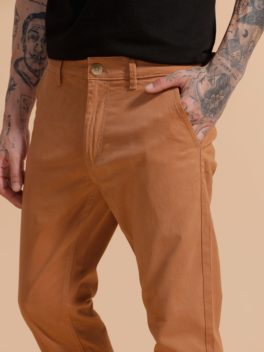 Cotton Blend Chino Trouser | Brown