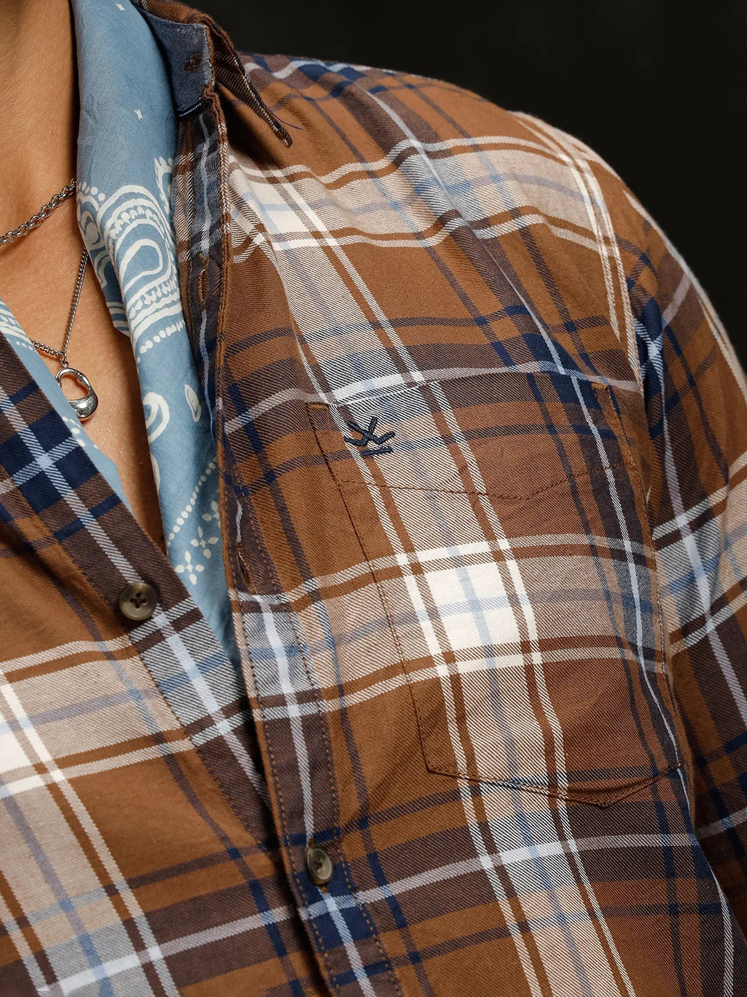 Cotton Twill Checked Shirt | Brown