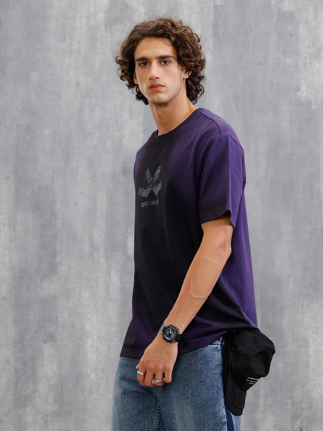 Smokey Pigment Spray With Grunge Logo Print Oversized Crew Neck T-Shirt | Purple