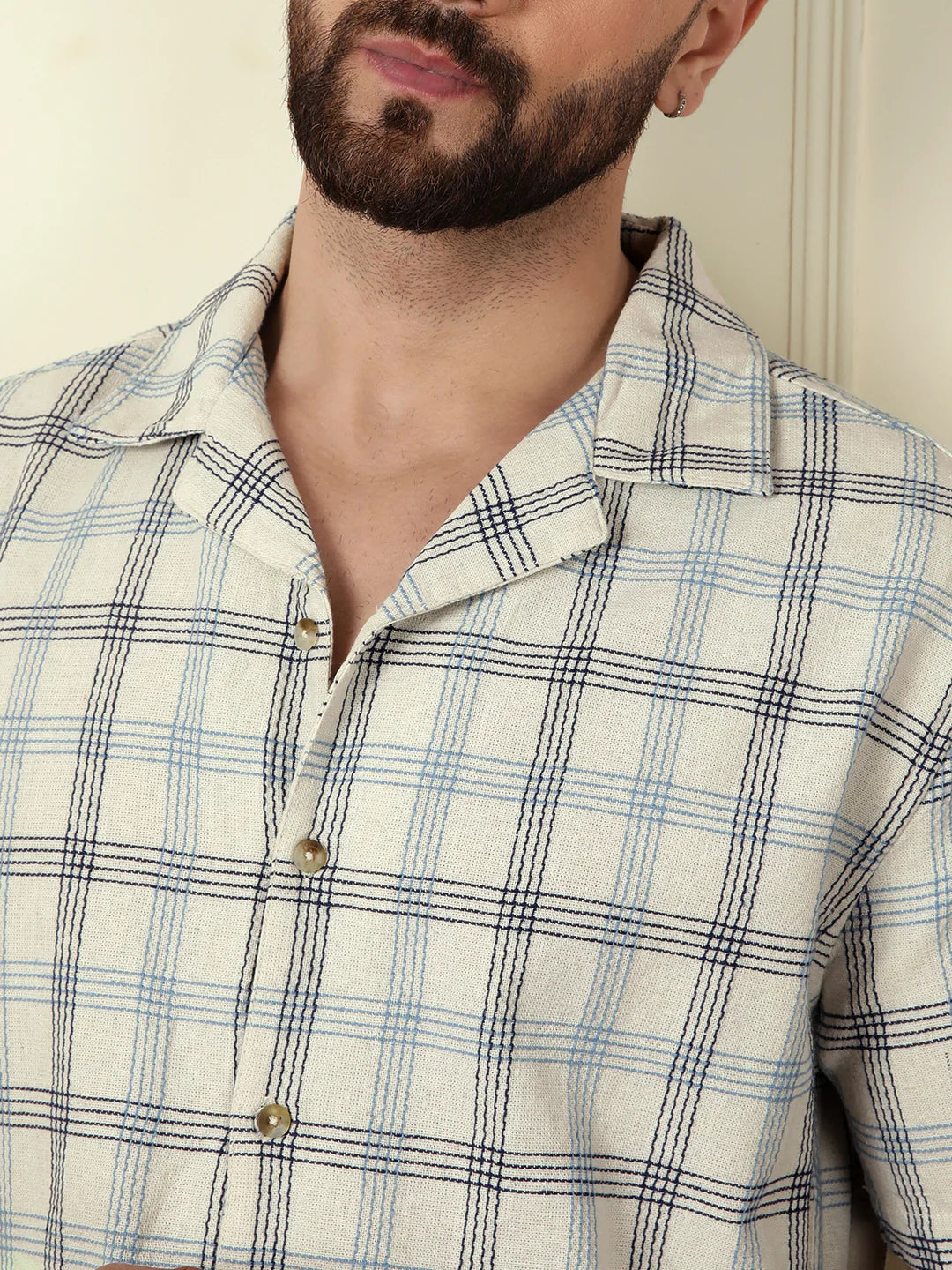 Checked Short Sleeve Textured Shirt | Beige