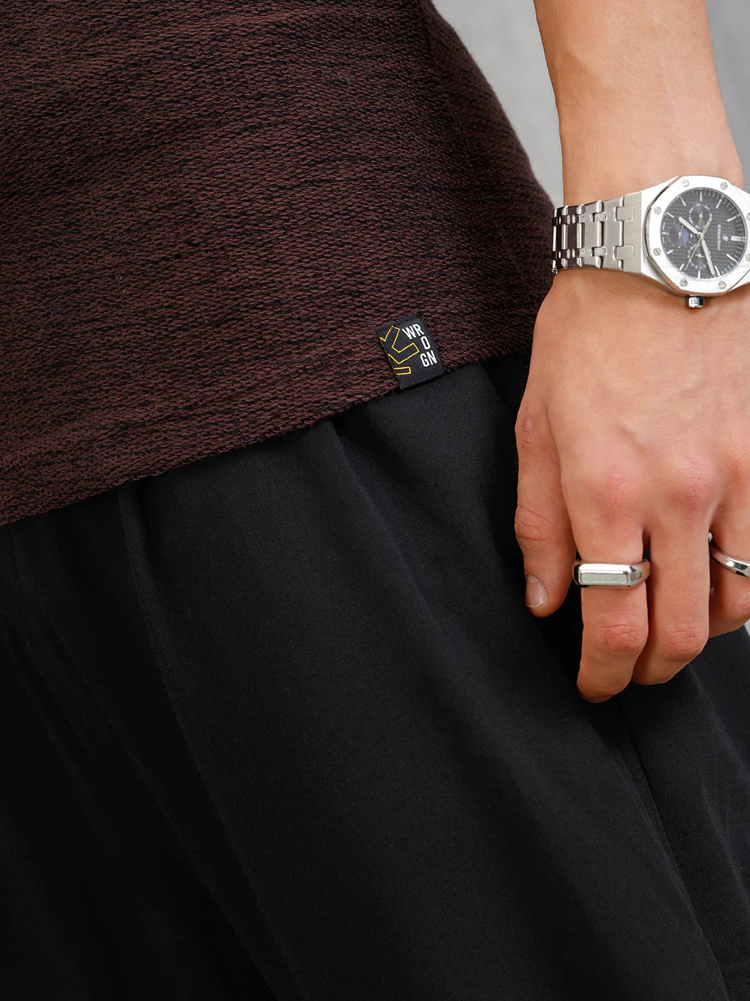 Two Tone Textured Slub Knit Oversized Crew Neck T-Shirt With Chunky Rib | Brown