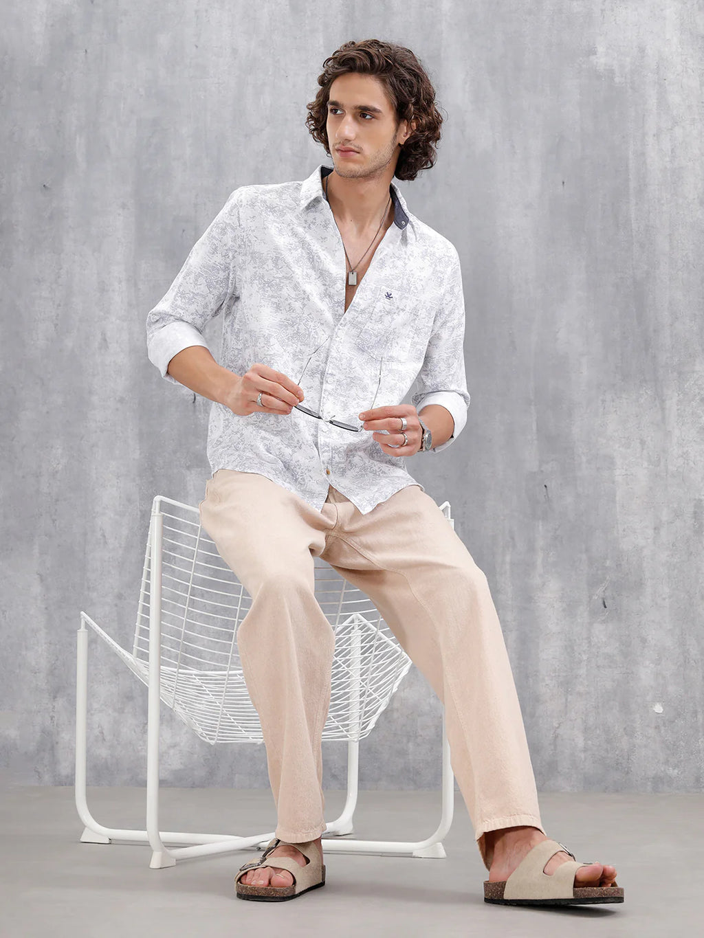 All-Over Abstract Print Casual Slim Fit Shirt | Light Blue