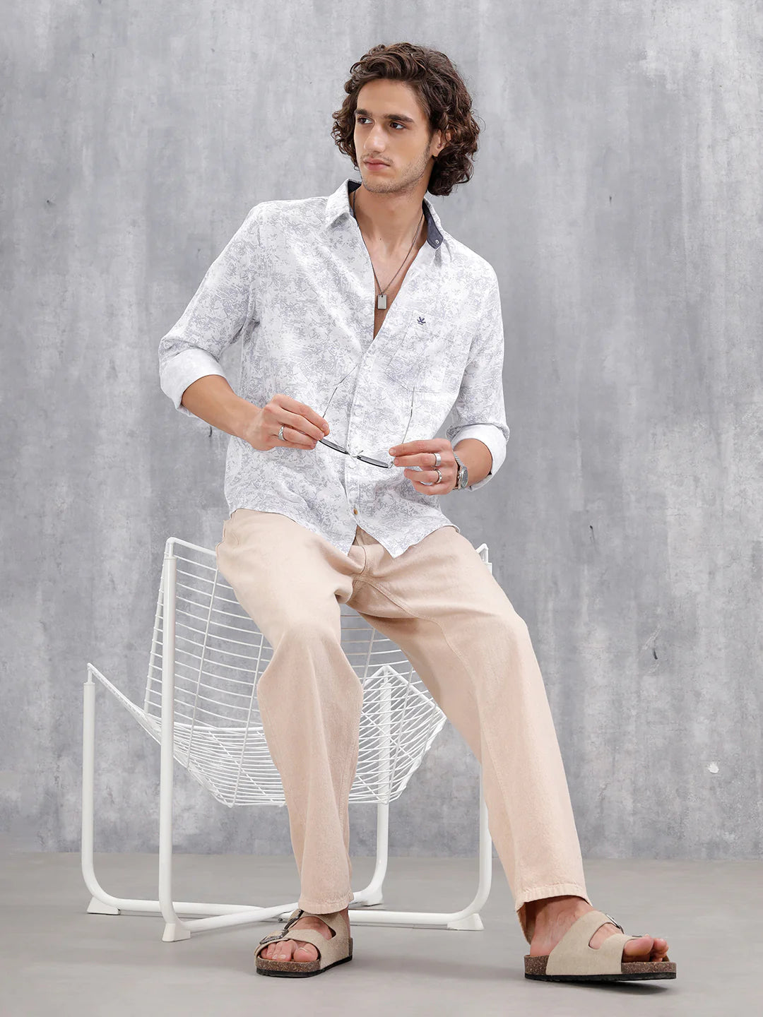 All-Over Abstract Print Casual Slim Fit Shirt | Light Blue