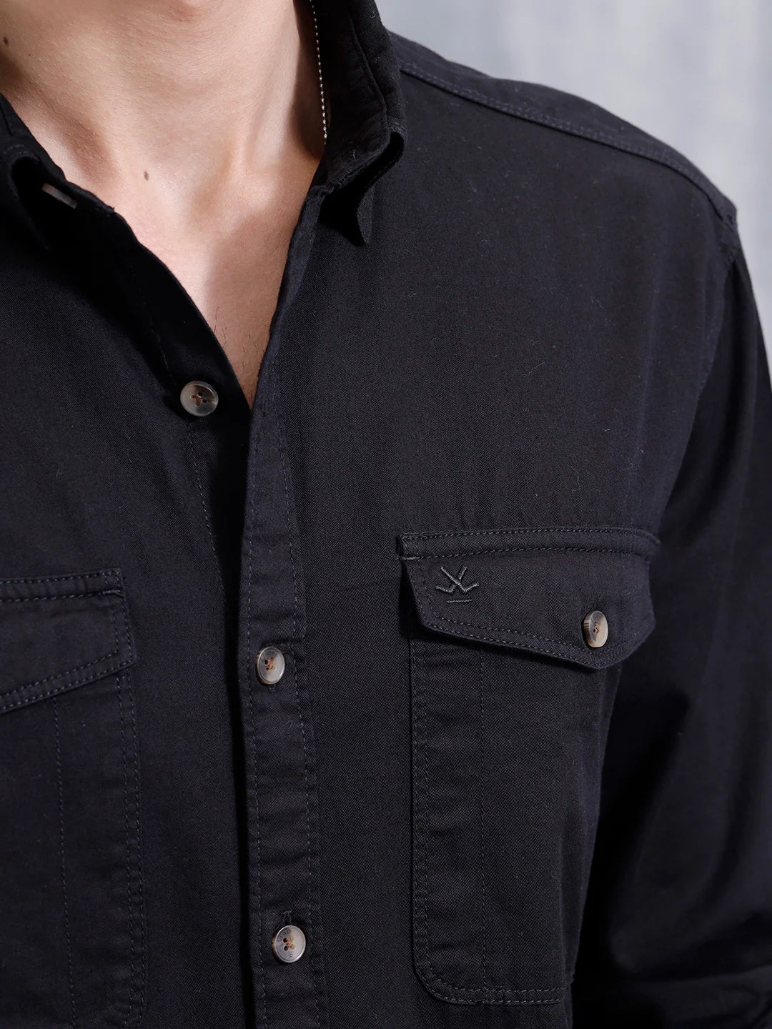 Comfort Fit Double Pocket Solid Shirt | Black
