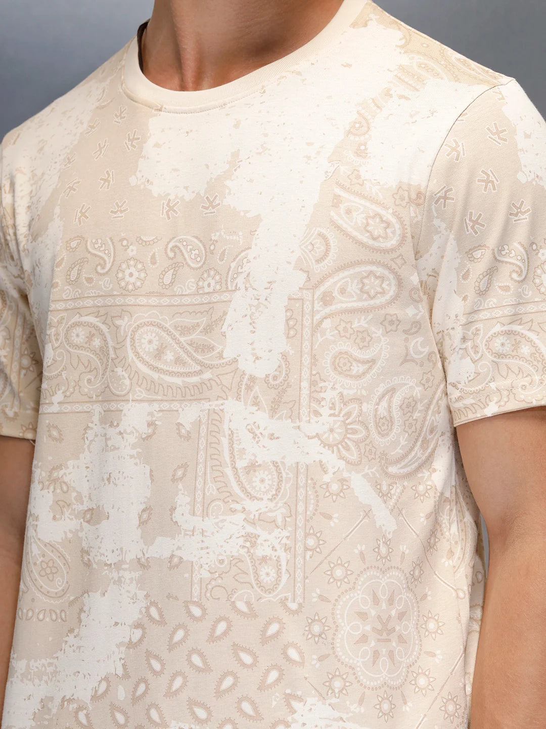 Men's slim fit Casual Tshirt with Paisley AOP  | Beige