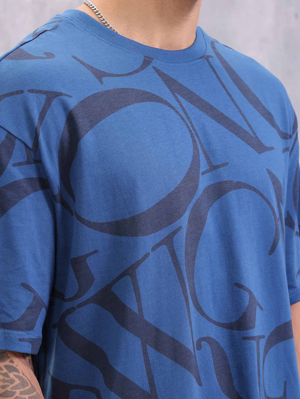 Typo Inspired Tonal Aop Oversized Fit T-shirt | Dark Blue
