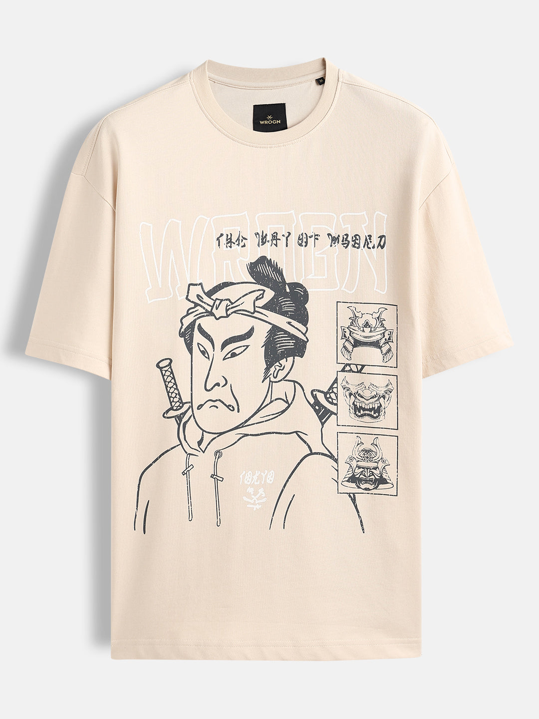 Oversized T-shirt with Samurai Graphic Print | Beige