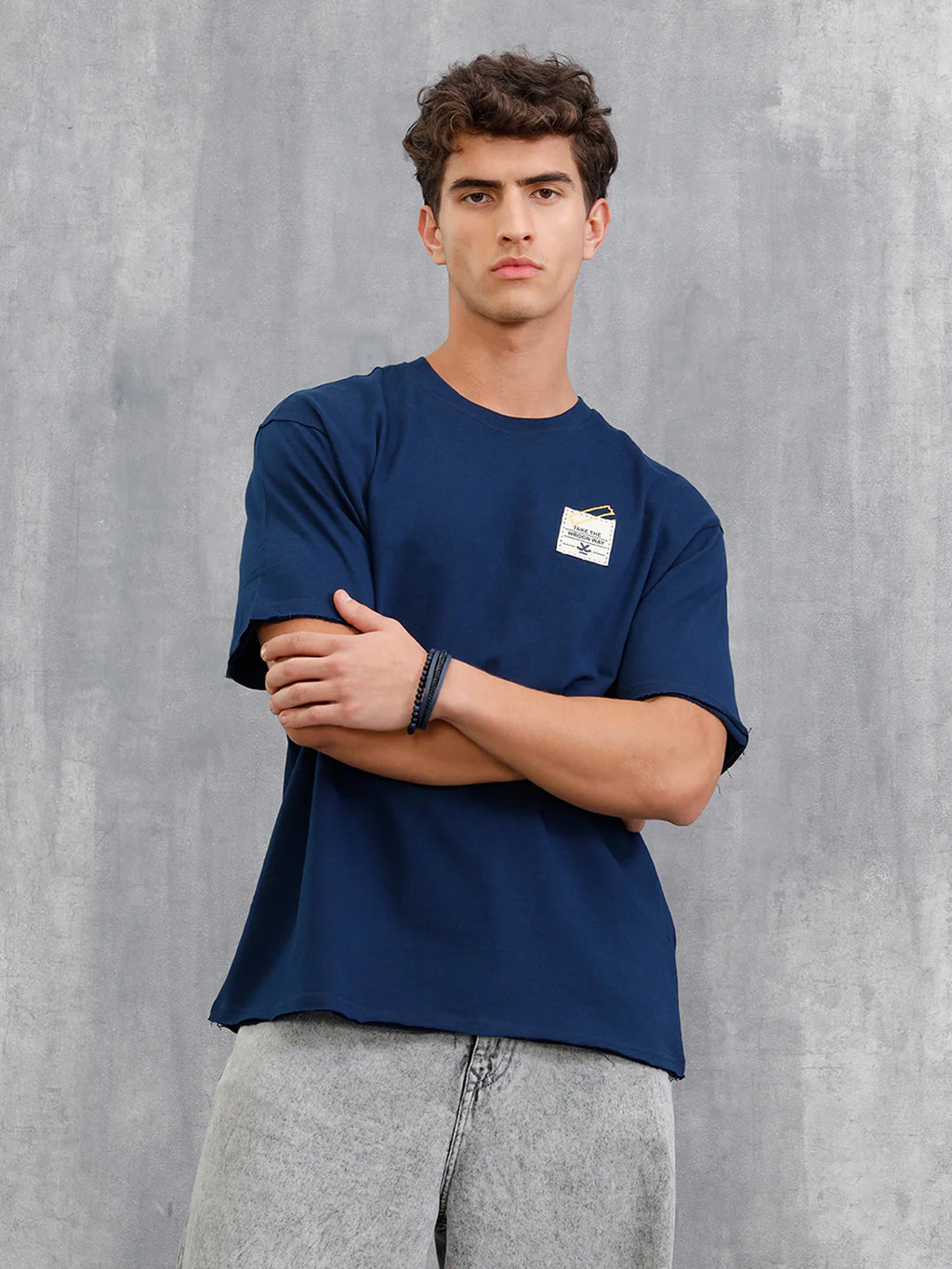 Solid Oversized T-Shirt With Printed Canvas Patch And Raw Edge Detail  | Navy Blue