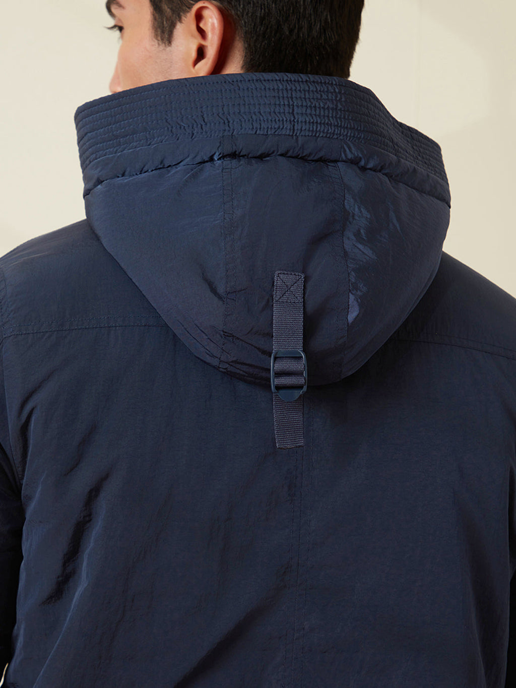 Crushed Metallic Hooded Jacket | Navy Blue