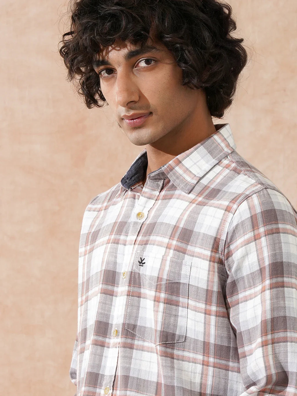 Checked Cotton Slub Shirt | Orange