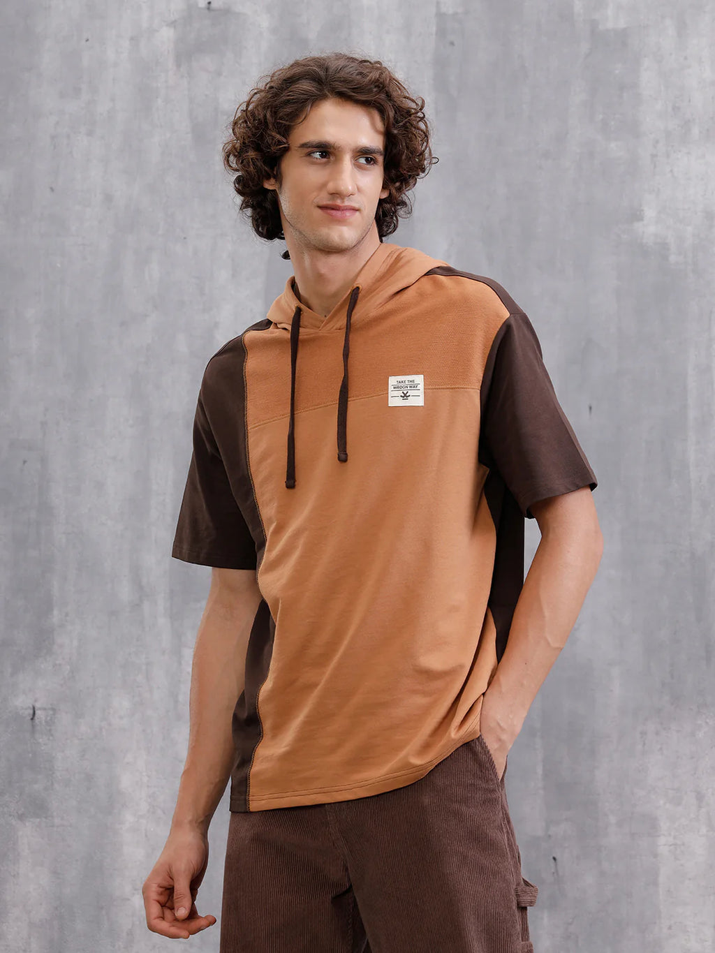 Asymmetrical Colorblocked Textured Hoodie With Printed Canvas Patch | Brown