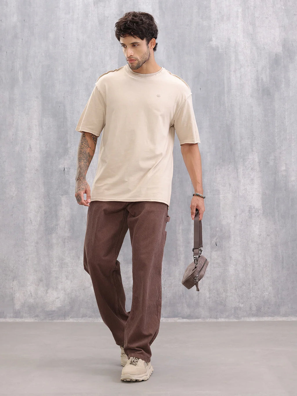 Raw Edge Oversized Fit T-shirt With Flat Lock Detail | Beige