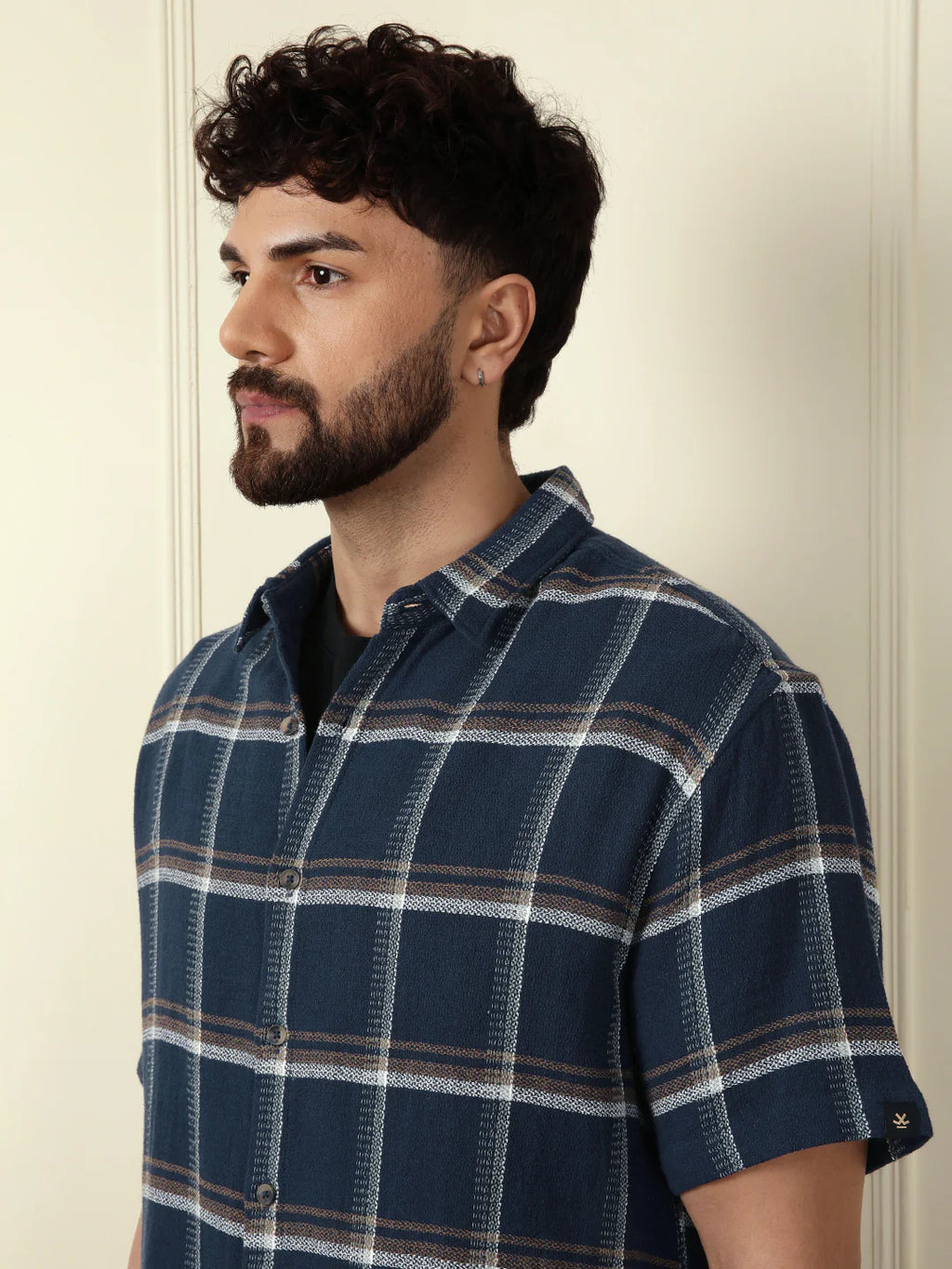 Checked Short Sleeve Textured Shirt | Navy Blue