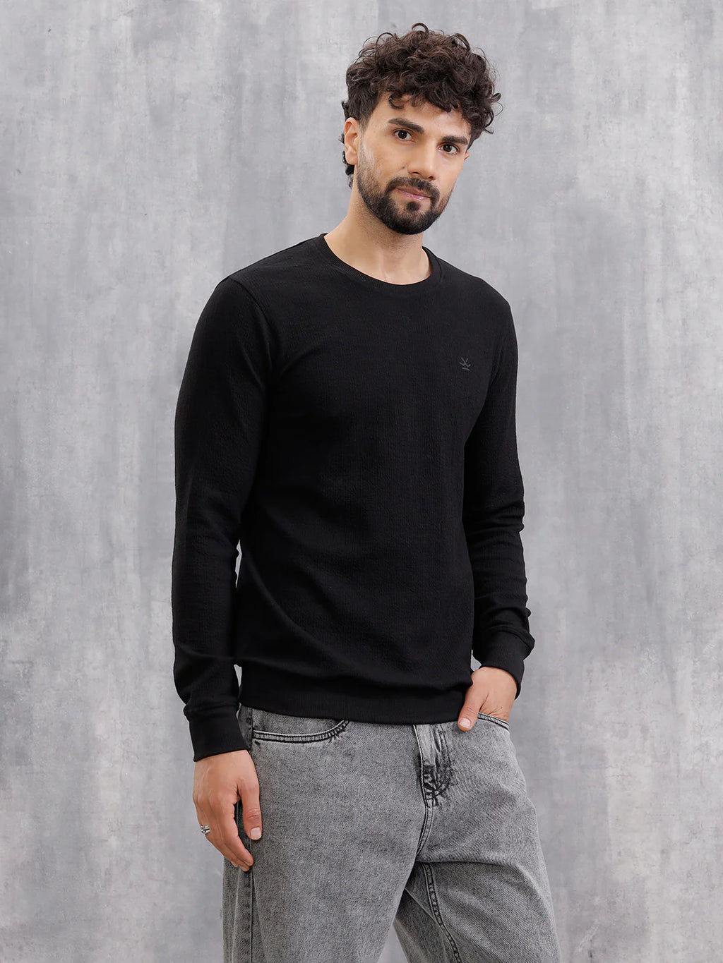 Crinkled Solid Textured Knit Long Sleeve Crew Neck T-Shirt | Black