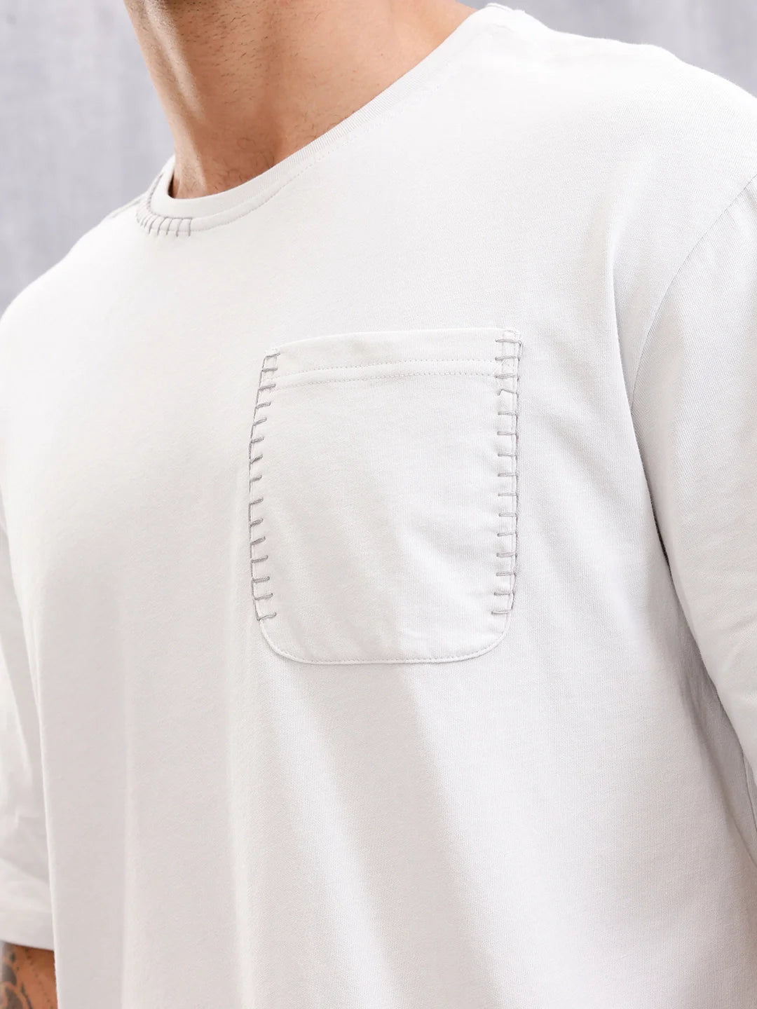 Contrast Stitch Detail Oversized Fit T-shirt With Patch Pocket | White
