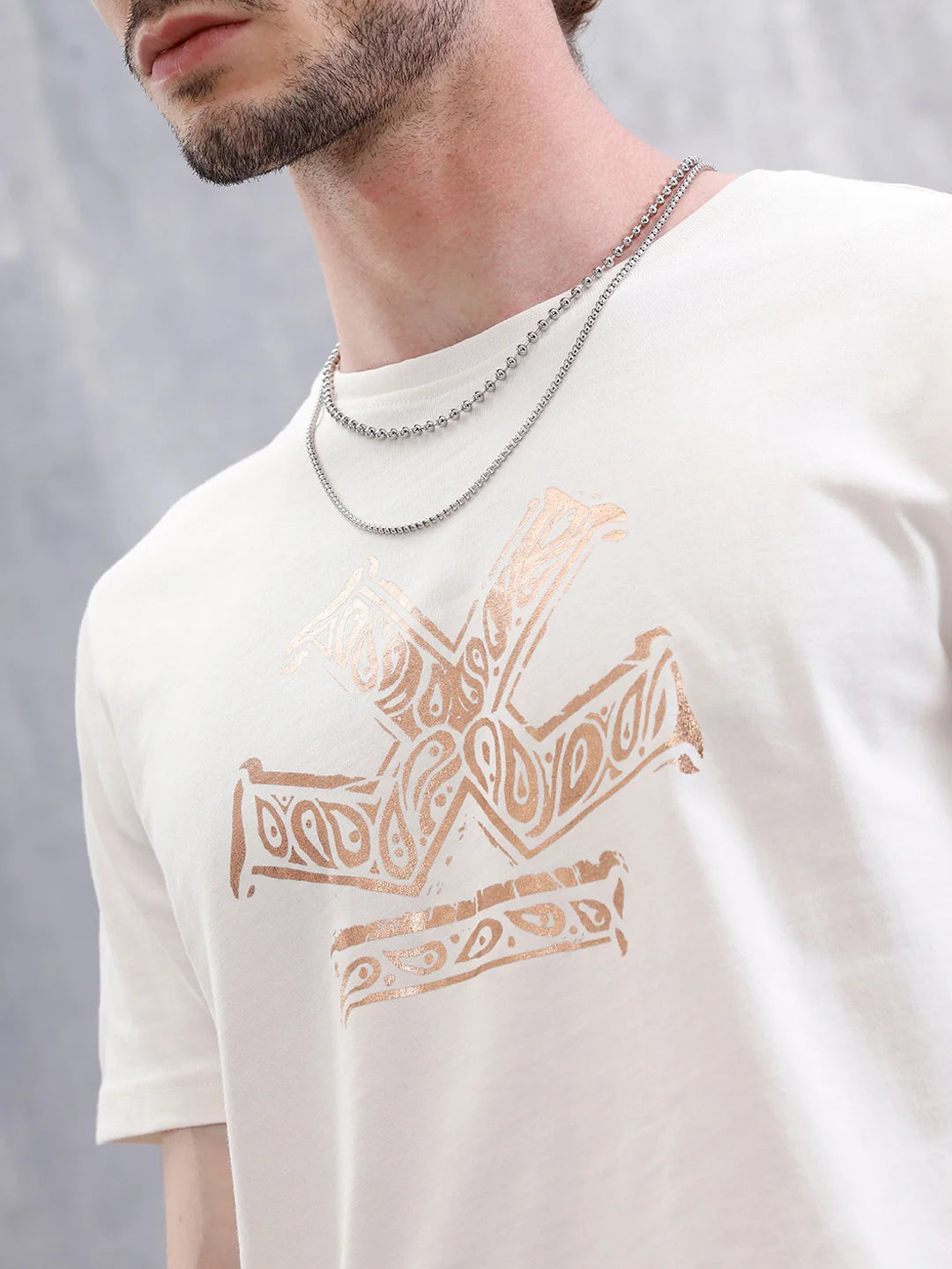 Metallic Foil Printed Slim Fit T-Shirt | White
