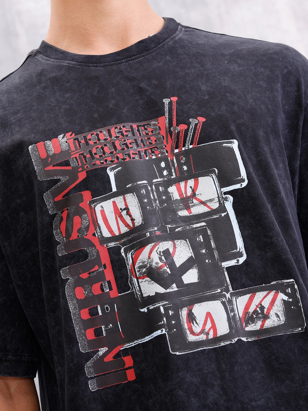 Acid Washed Retro Graphic Printed Oversized Fit Tshirt | Black