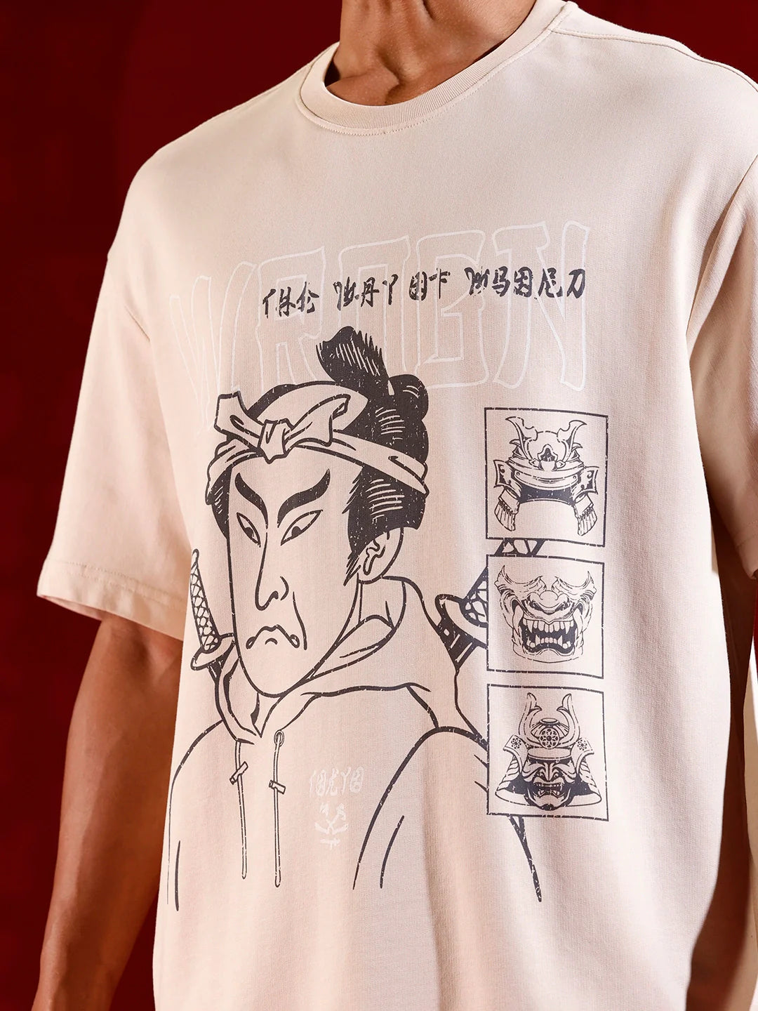 Oversized T-shirt with Samurai Graphic Print | Beige