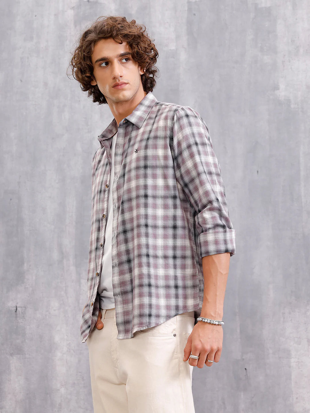 Cotton Twill Shadow Check Shirt In Slim Fit | Grey