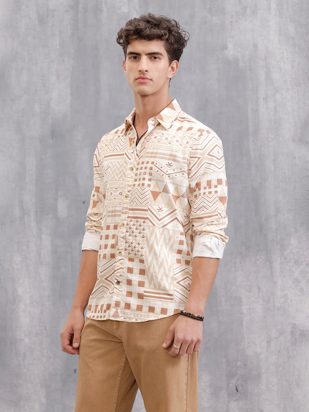 Corduroy Geometric Printed Shirt In Slim Fit | Beige