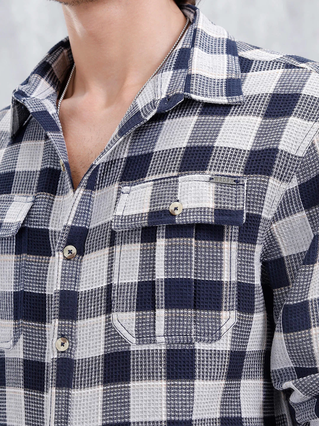 Checkered Pattern Double Pocket Comfort Fit Shirt | Navy Blue