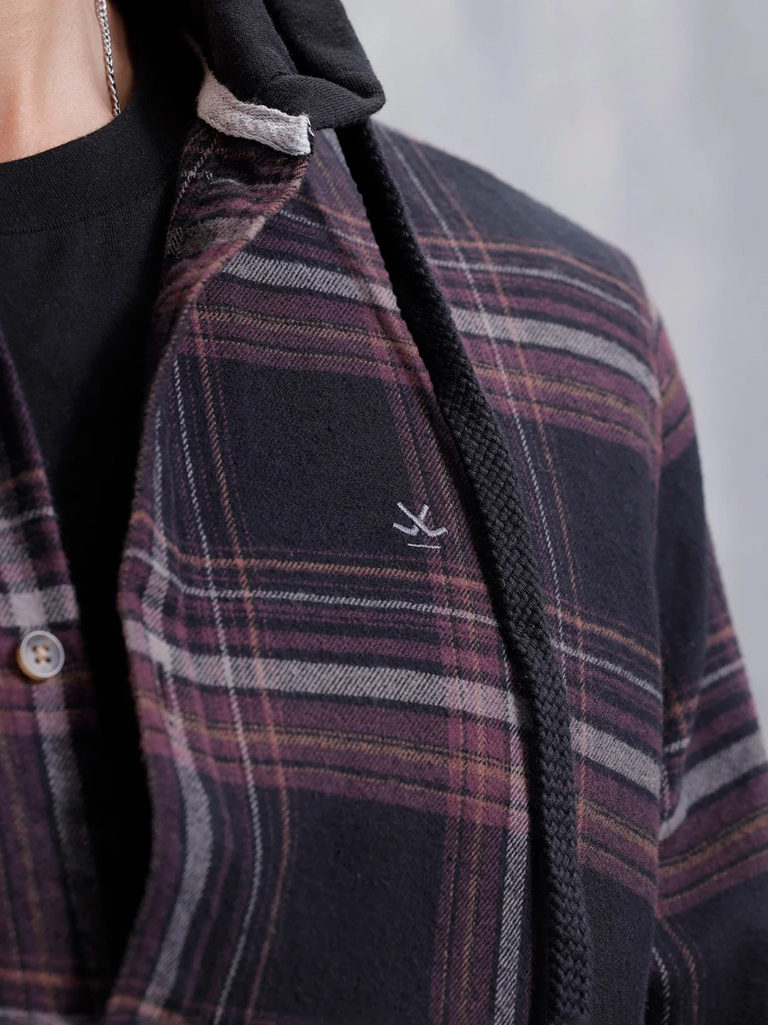 Brushed Flannel Hooded Slim Fit Check Shirt | Black