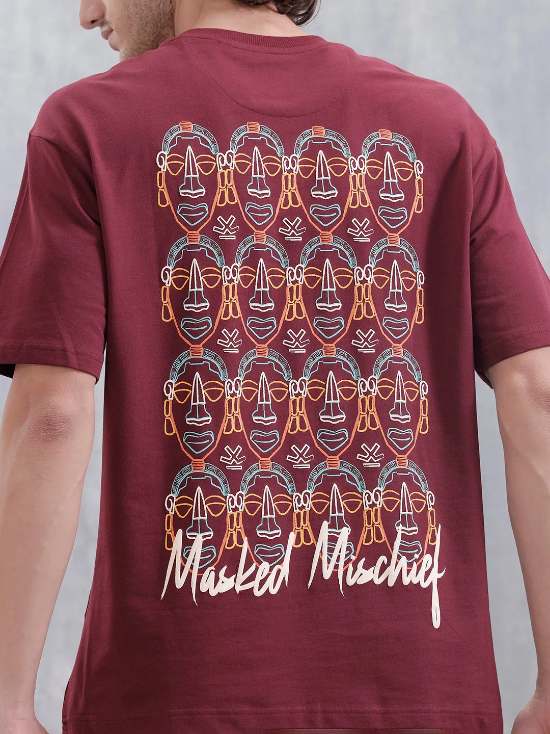 Mythical Faces Oversized Cotton Back Print T-Shirt | Maroon
