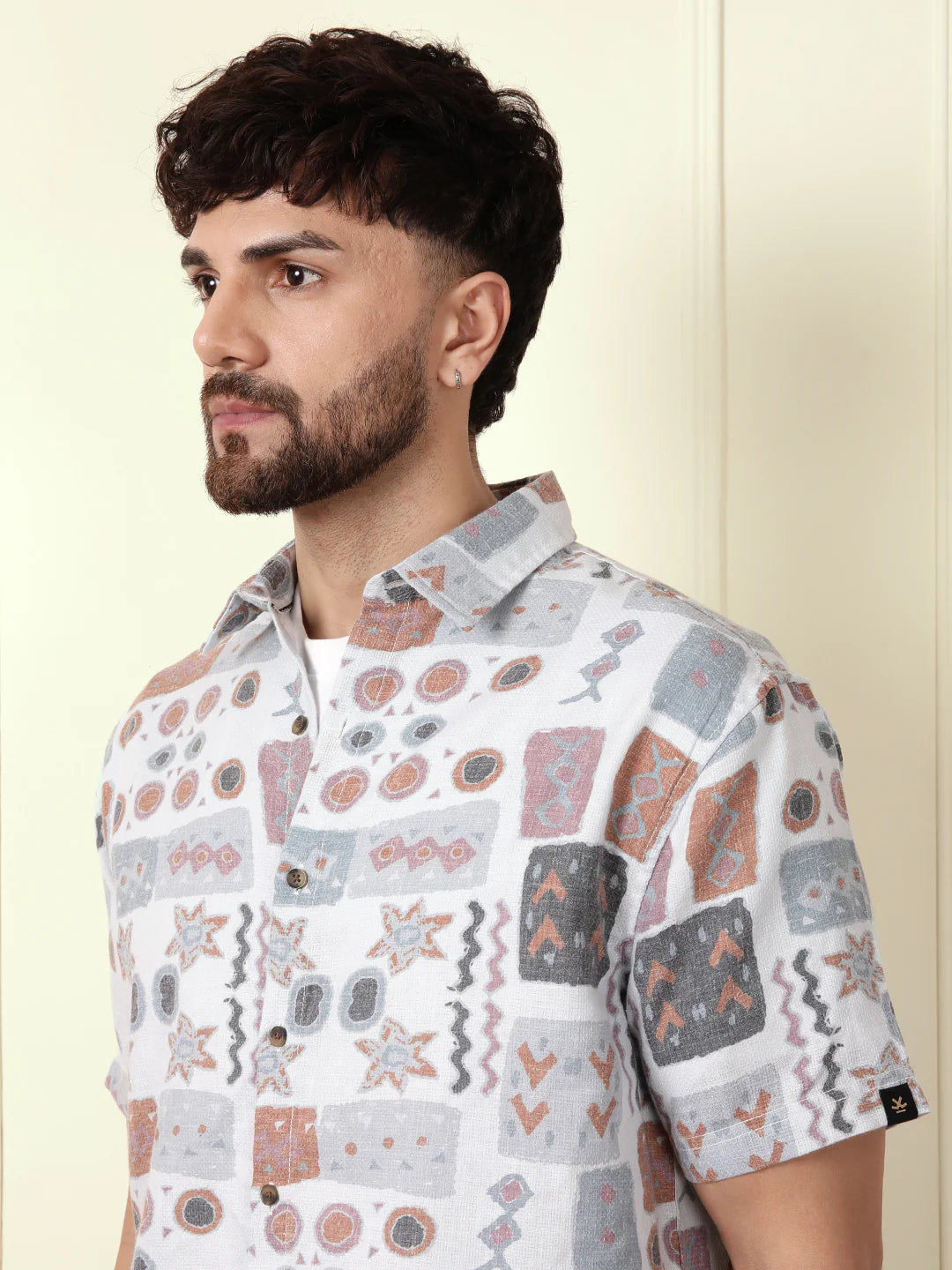 Abstract Printed Open Dobby Shirt | Grey