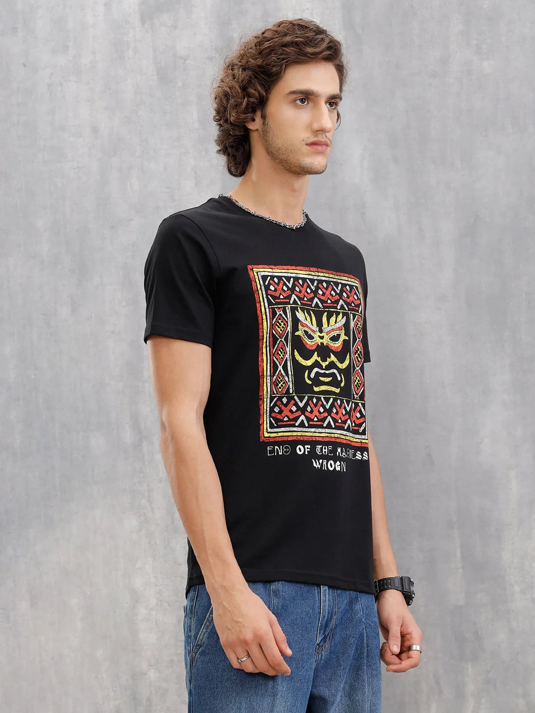 Mythical Face Graphic Crew Neck T-Shirt In Slim Fit  |  Black