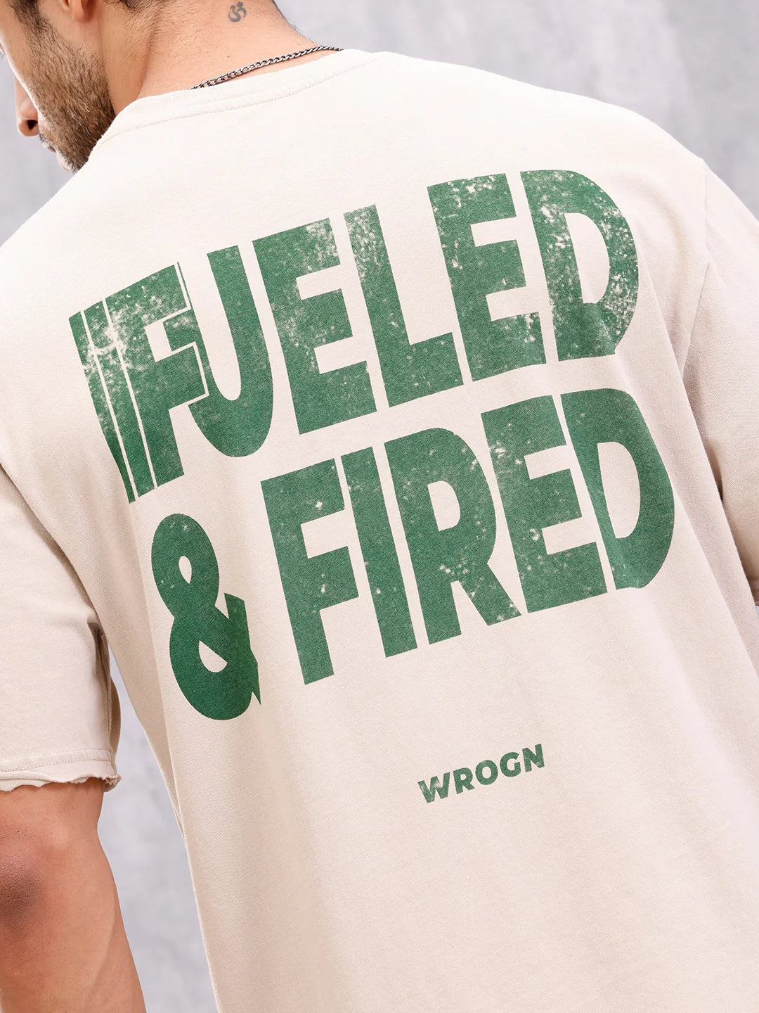 Retro Wash Graphic Printed Tshirt With Raw Edge Detail | Beige