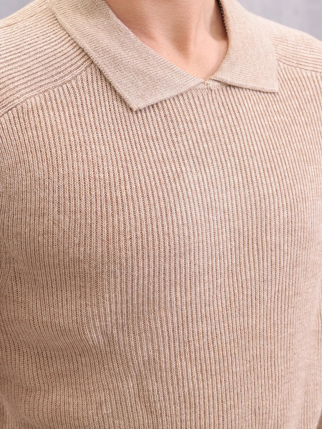 Comfort Fit Rib Sweater With Collar I Beige