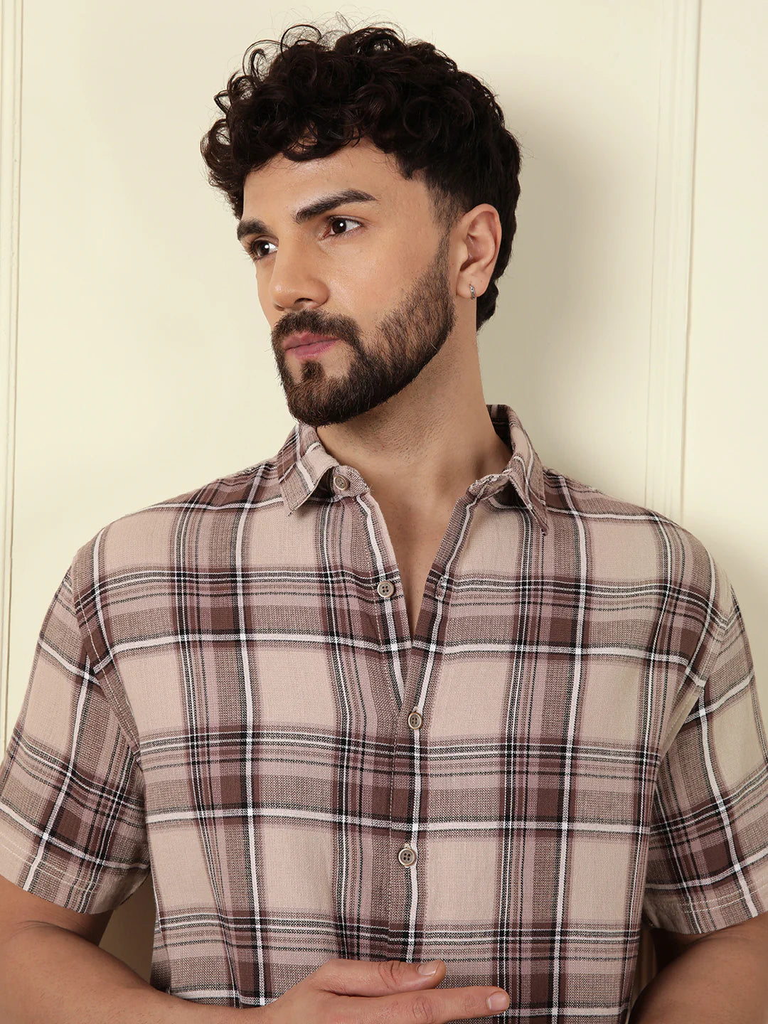 Checked Open Dobby Shirt | Brown