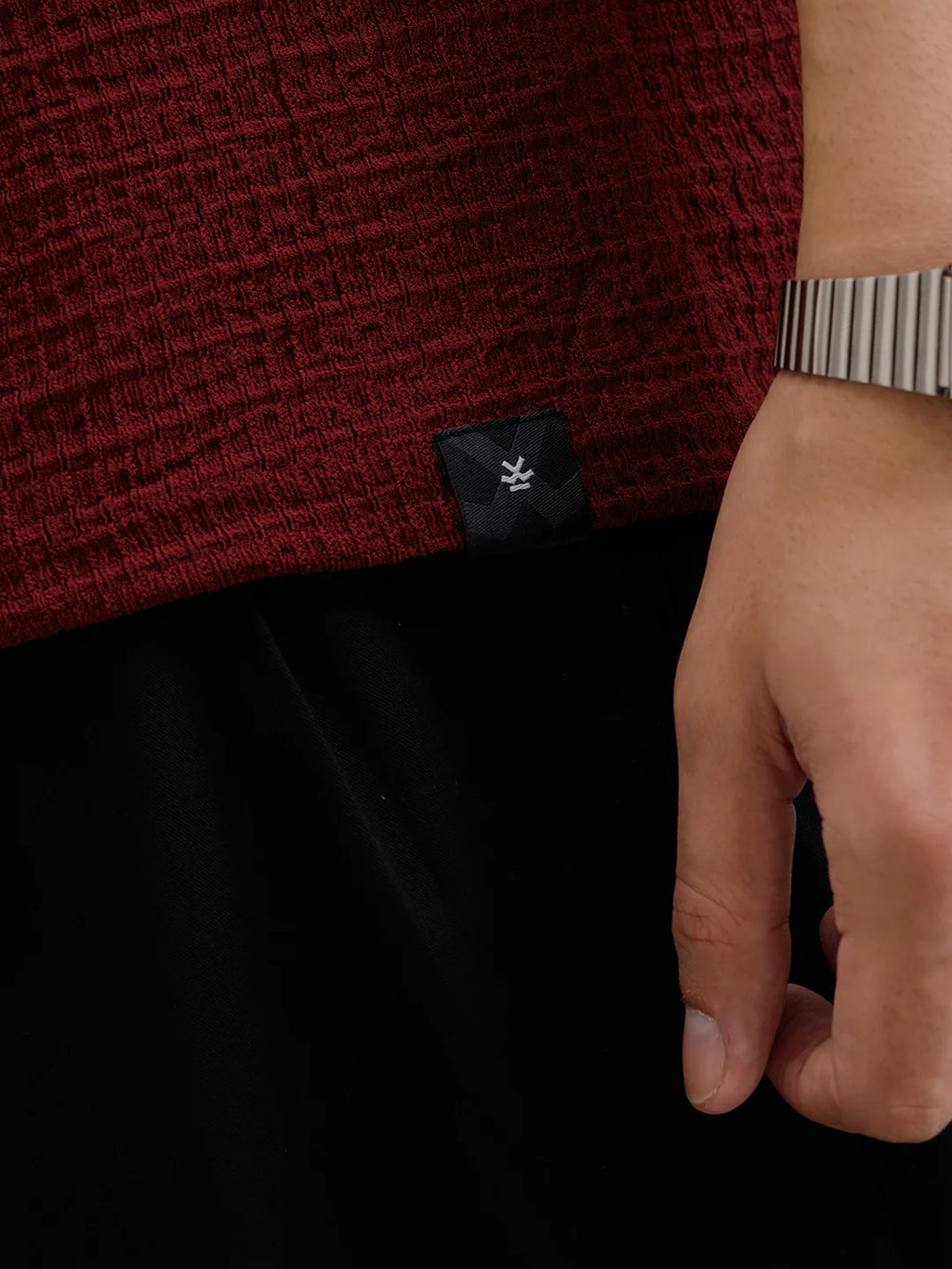 Oversized Jacquard Textured Crew Neck T-Shirt   | Maroon