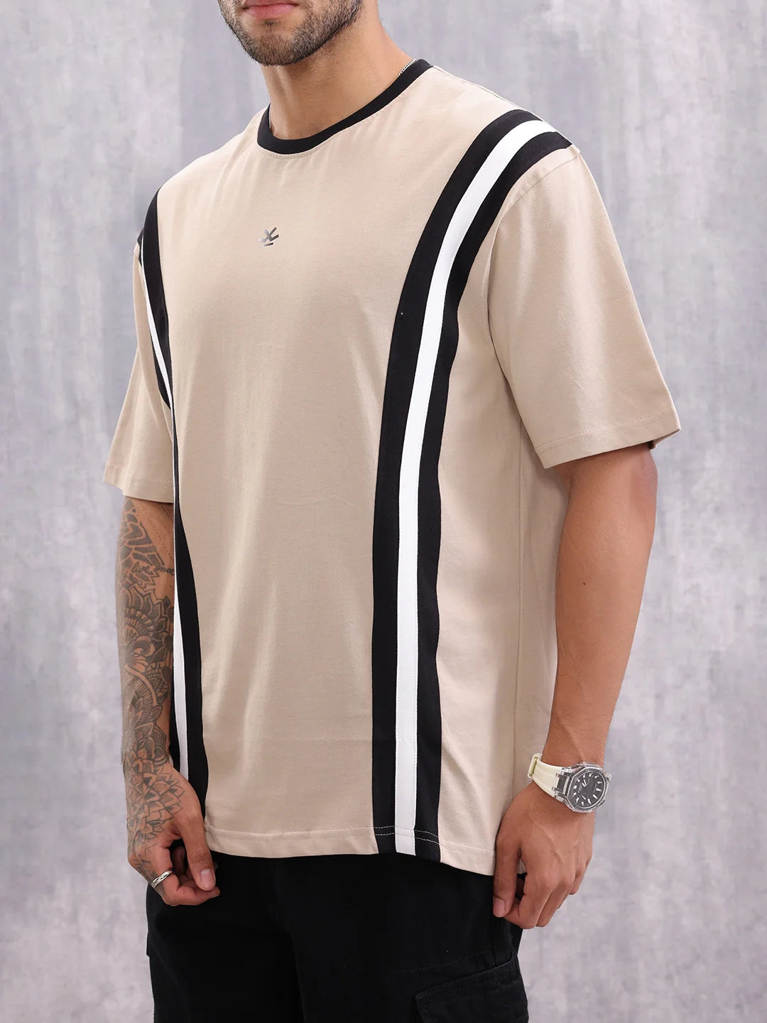 Contrast Cut&Sew Detail Sporty Look Oversized Fit T-shirt | Beige