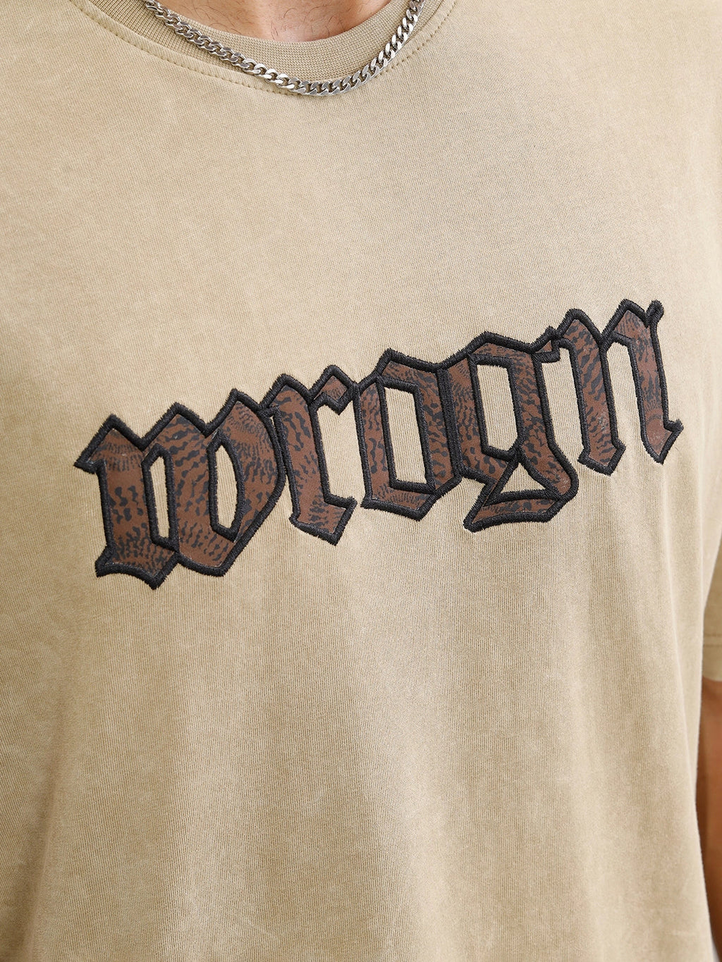 Acid Wash Oversized Fit T-shirt With Embroidery | Khaki