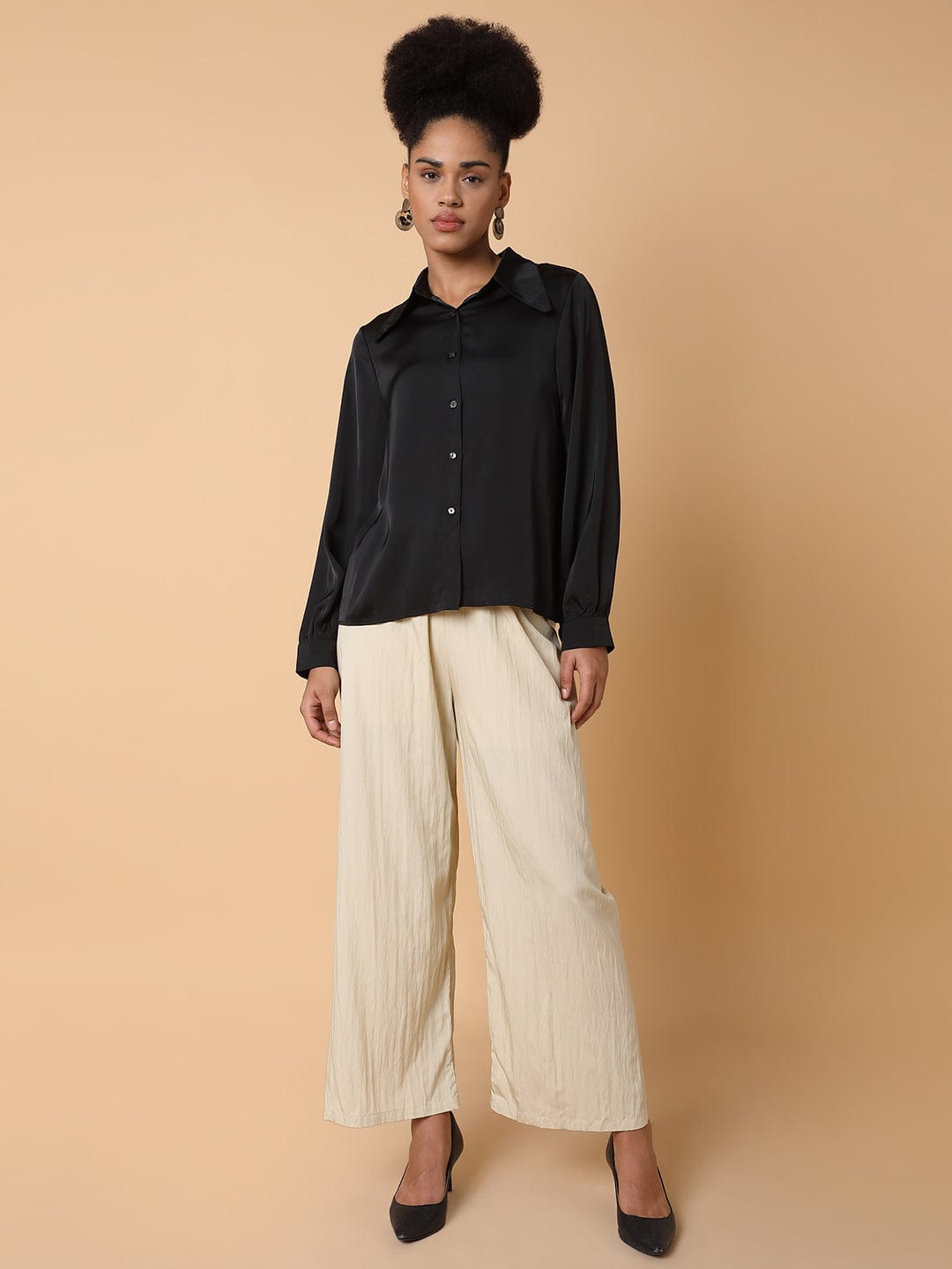 Women's Cream Striped Comfort Straight Fit Pleated Parallel Trousers