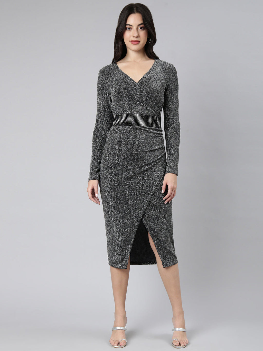 Women's Solid Grey Sheath Dress with Belt