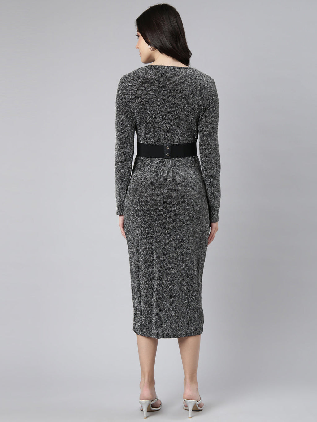 Women's Solid Grey Sheath Dress with Belt