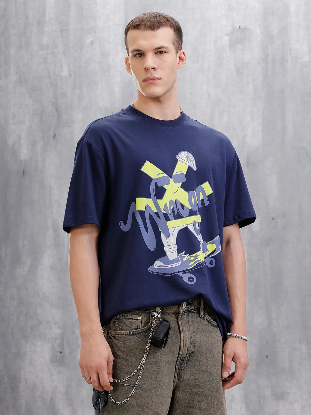 Skater Logo Printed Oversized Fit T-Shirt  | Navy Blue
