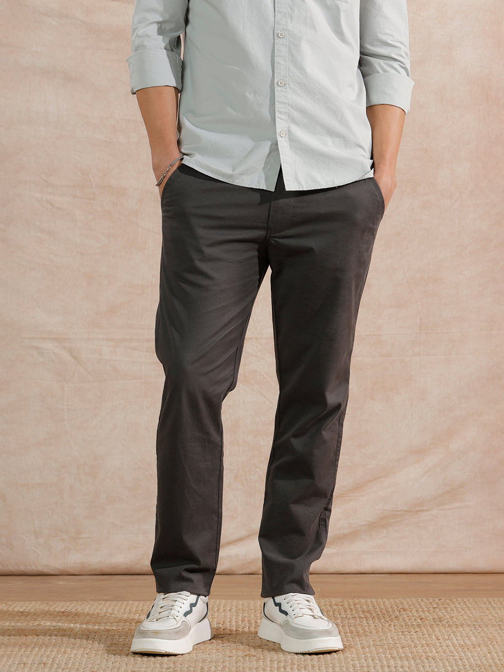 Solid Cotton Blend Trouser | Grey