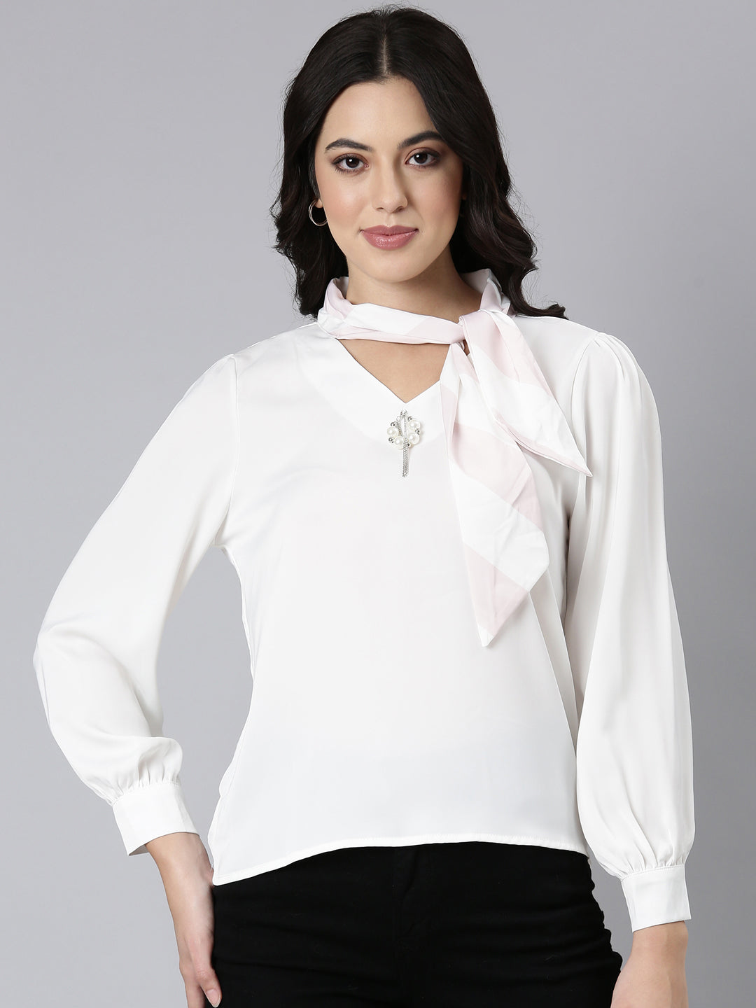 Women's Off White Keyhole Neck Satin Chiffon Top