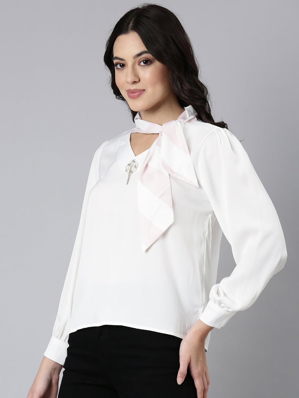 Women's Off White Keyhole Neck Satin Chiffon Top