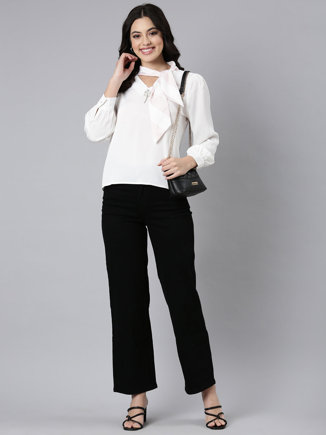Women's Off White Keyhole Neck Satin Chiffon Top