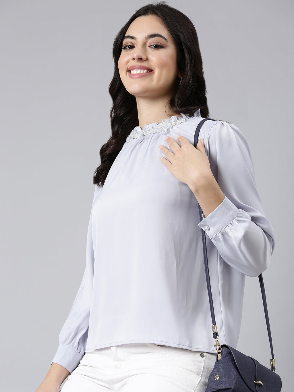 Women's Lavender High Neck Gathered Detailed Cuffed Sleeves Satin Top