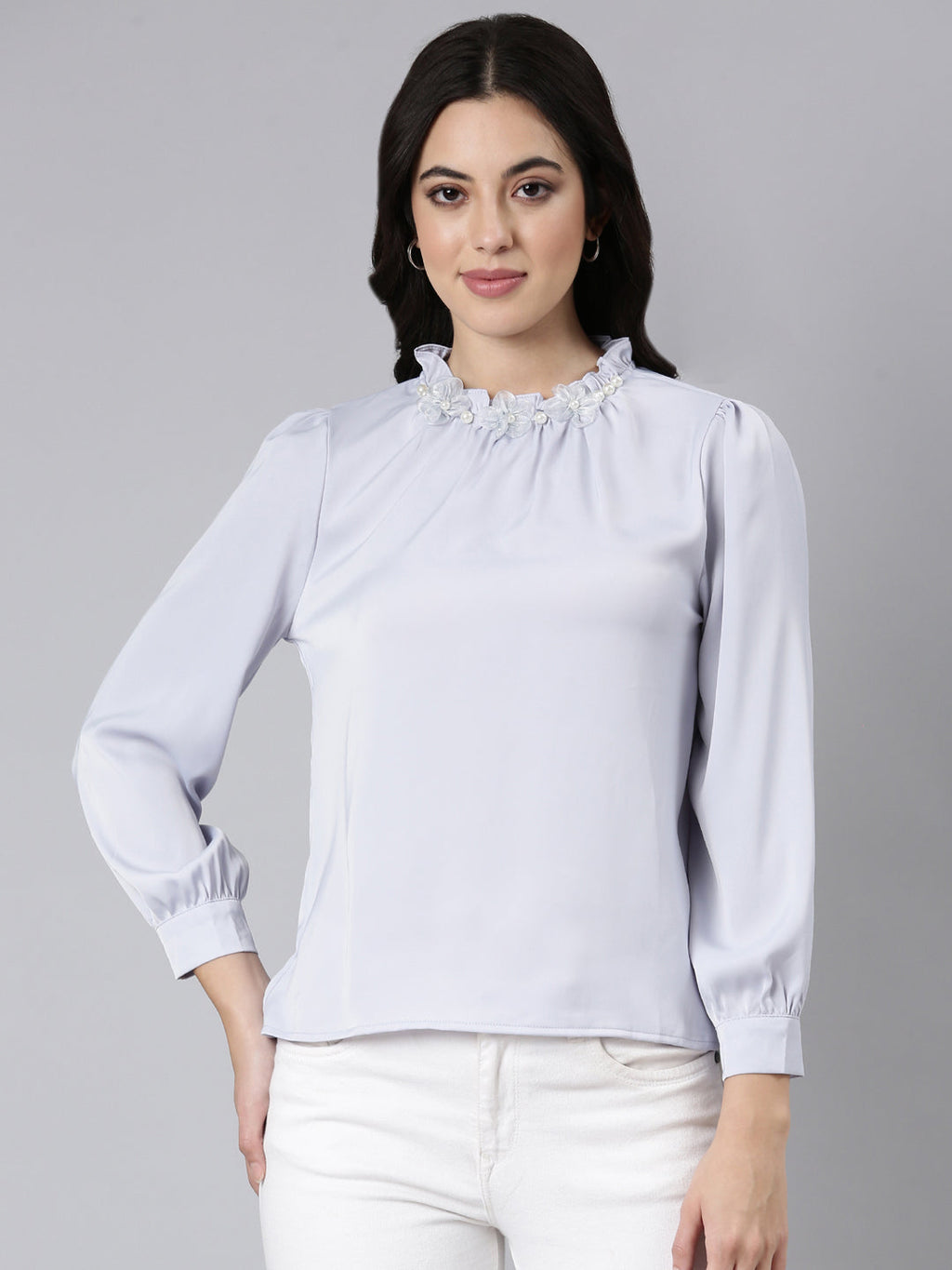 Women's Lavender High Neck Gathered Detailed Cuffed Sleeves Satin Top