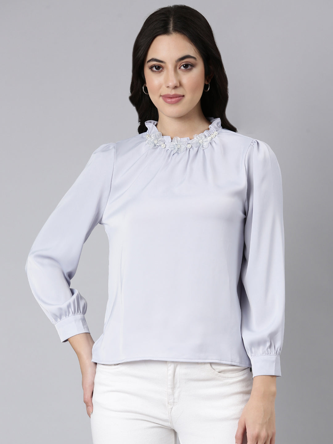 Women's Lavender High Neck Gathered Detailed Cuffed Sleeves Satin Top