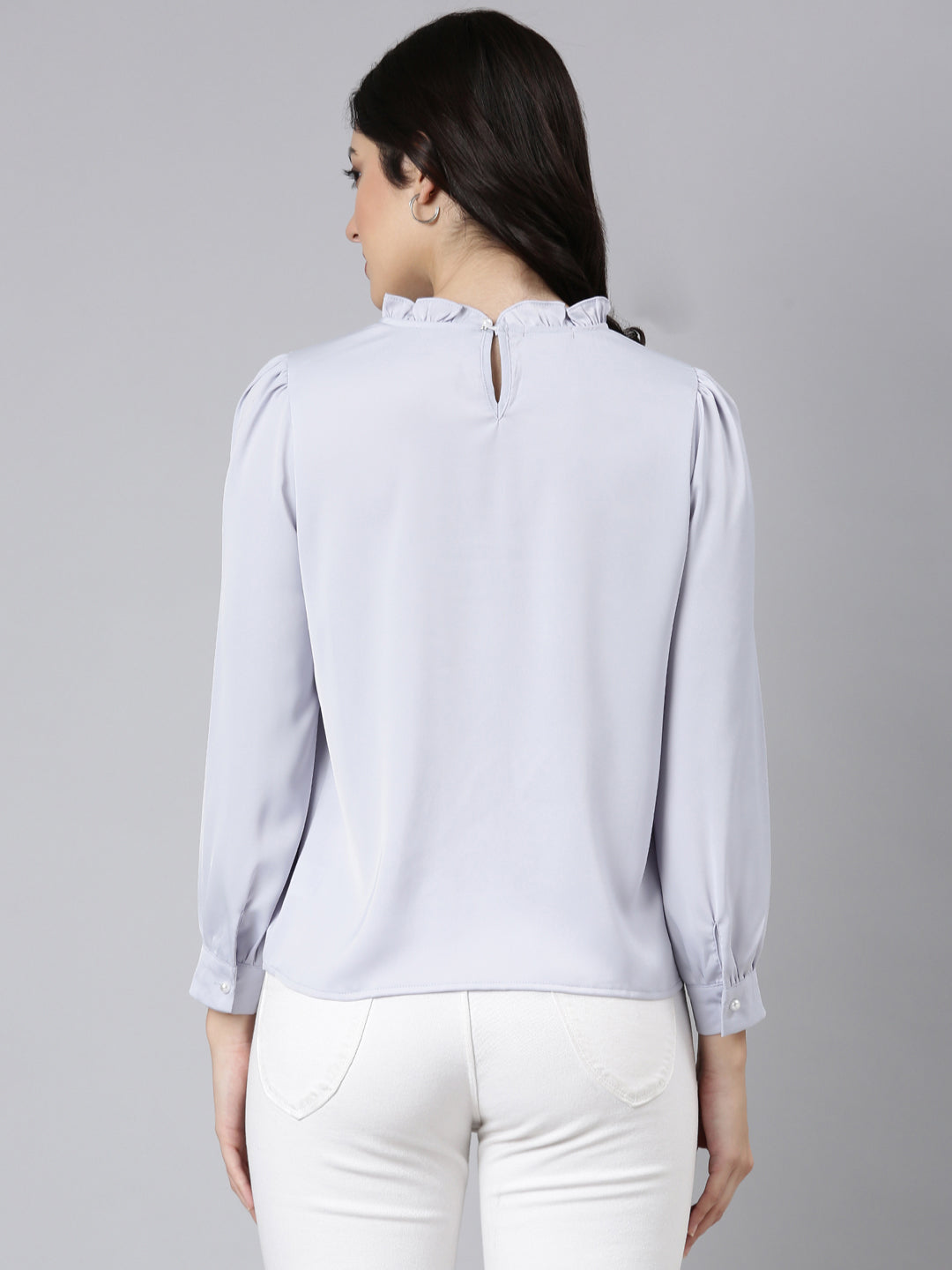 Women's Lavender High Neck Gathered Detailed Cuffed Sleeves Satin Top