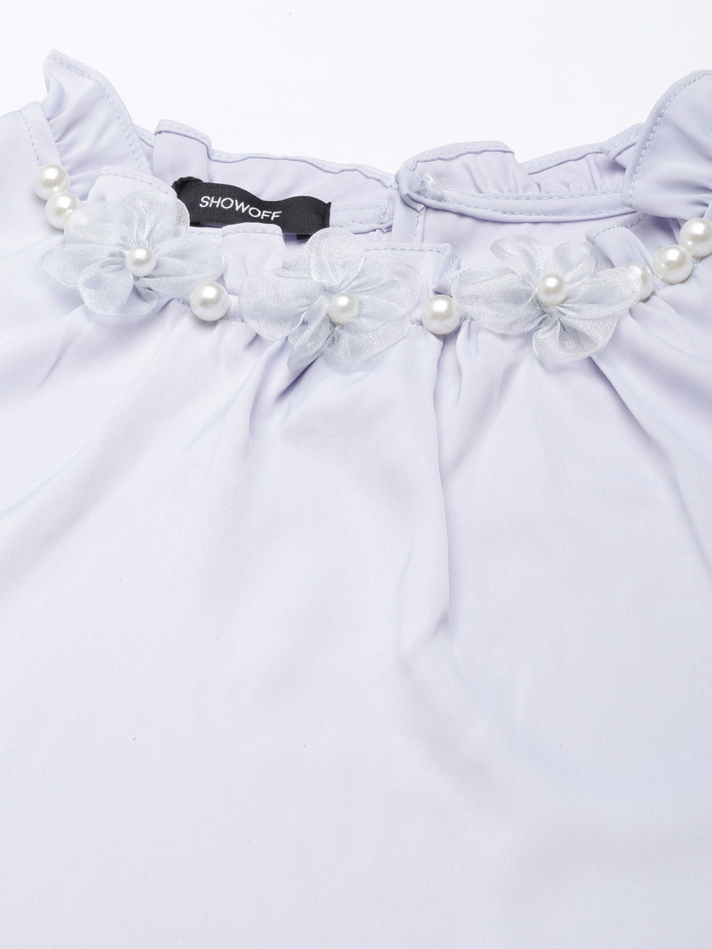 Women's Lavender High Neck Gathered Detailed Cuffed Sleeves Satin Top