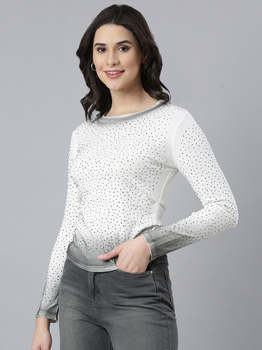 Women's White Polka Dots Printed Round Neck Knitted Studded Top