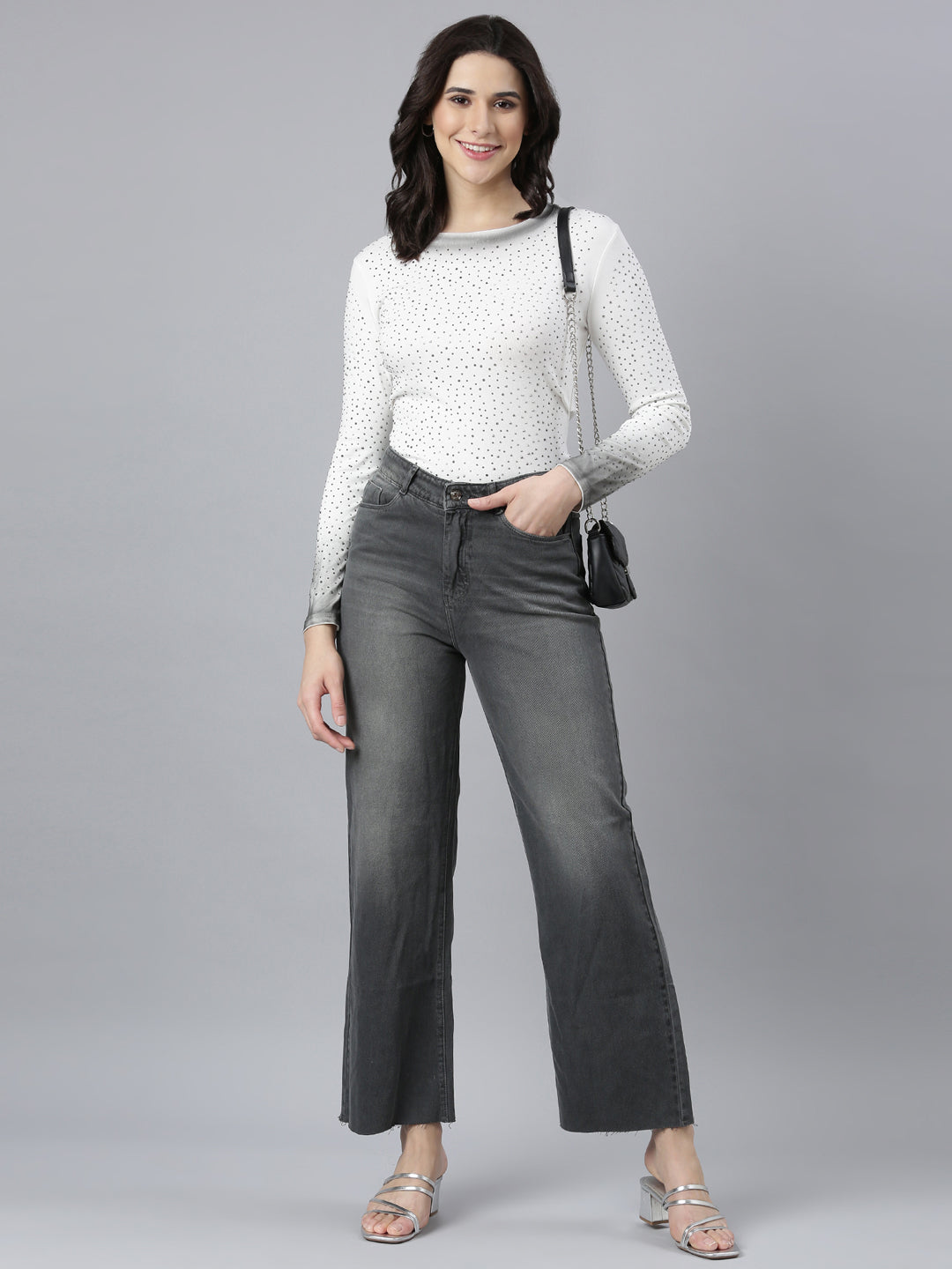 Women's White Polka Dots Printed Round Neck Knitted Studded Top